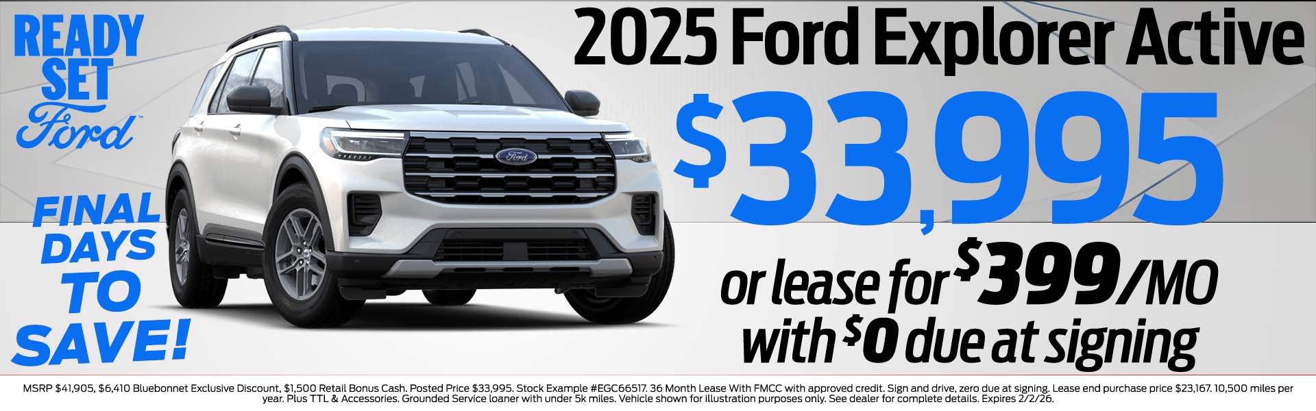 Explorer $33,995 or lease for $399 with $0 due at signing