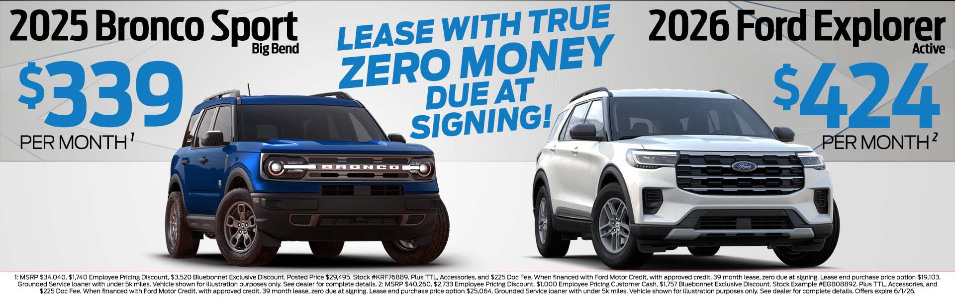 2025 Bronco Sport $369 per mo vs 2026 Explorer $459 per mo