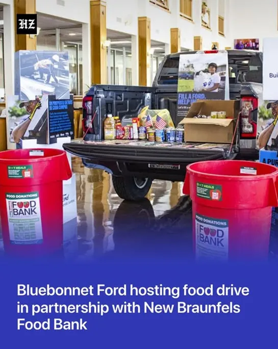News article screenshot reading Bluebonnet Ford hosting food drive in partnership with New Braunfels Food Bank